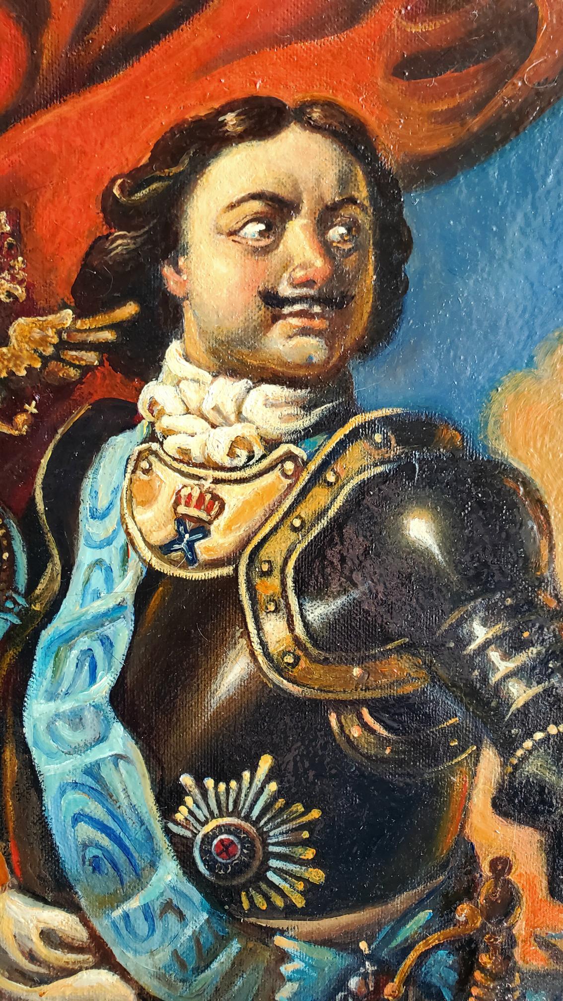Oil painting portrait of Peter at sea by Daniil Litvinov in ornate black armor