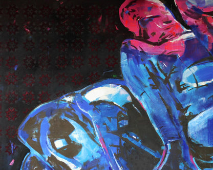 Oil painting Relax Ed Potapenkov: vibrant blue red abstract human figure on dark starry background