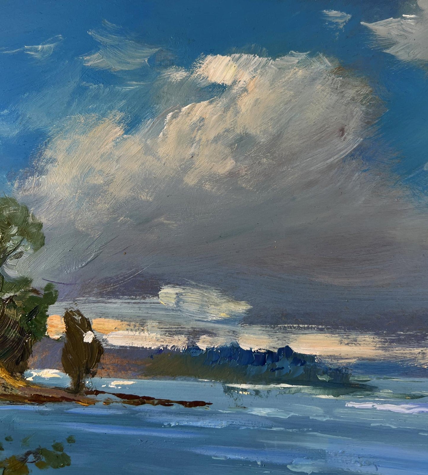 Oil painting of lonely boat on river bank by Yuriy Suprunchuk