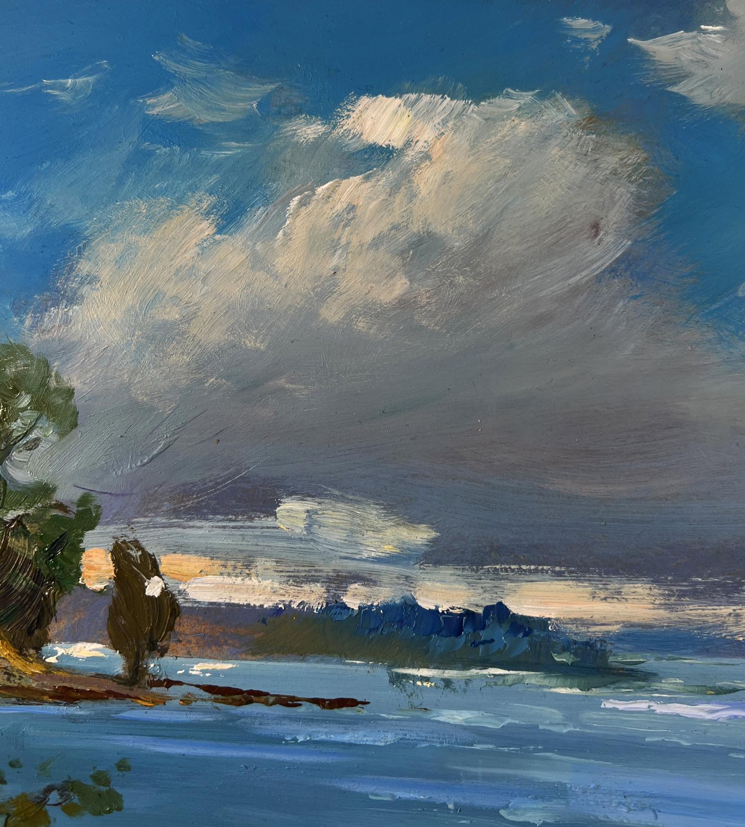 Oil painting of lonely boat on river bank by Yuriy Suprunchuk