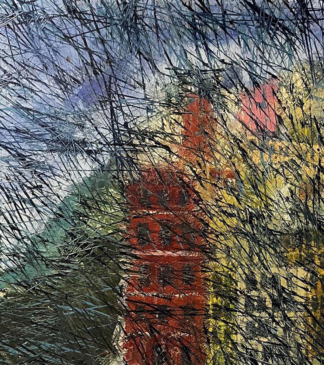 Oil painting of foggy city by Serhiy Kovalev with red pagoda and foliage