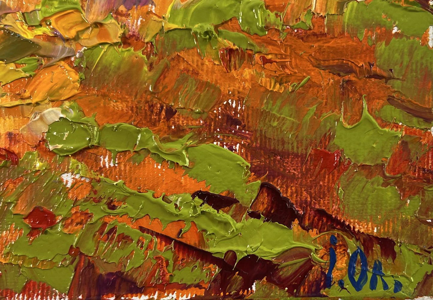Oil painting Mills outside the village by Oleksiy Ivanyuk, textured green orange impasto