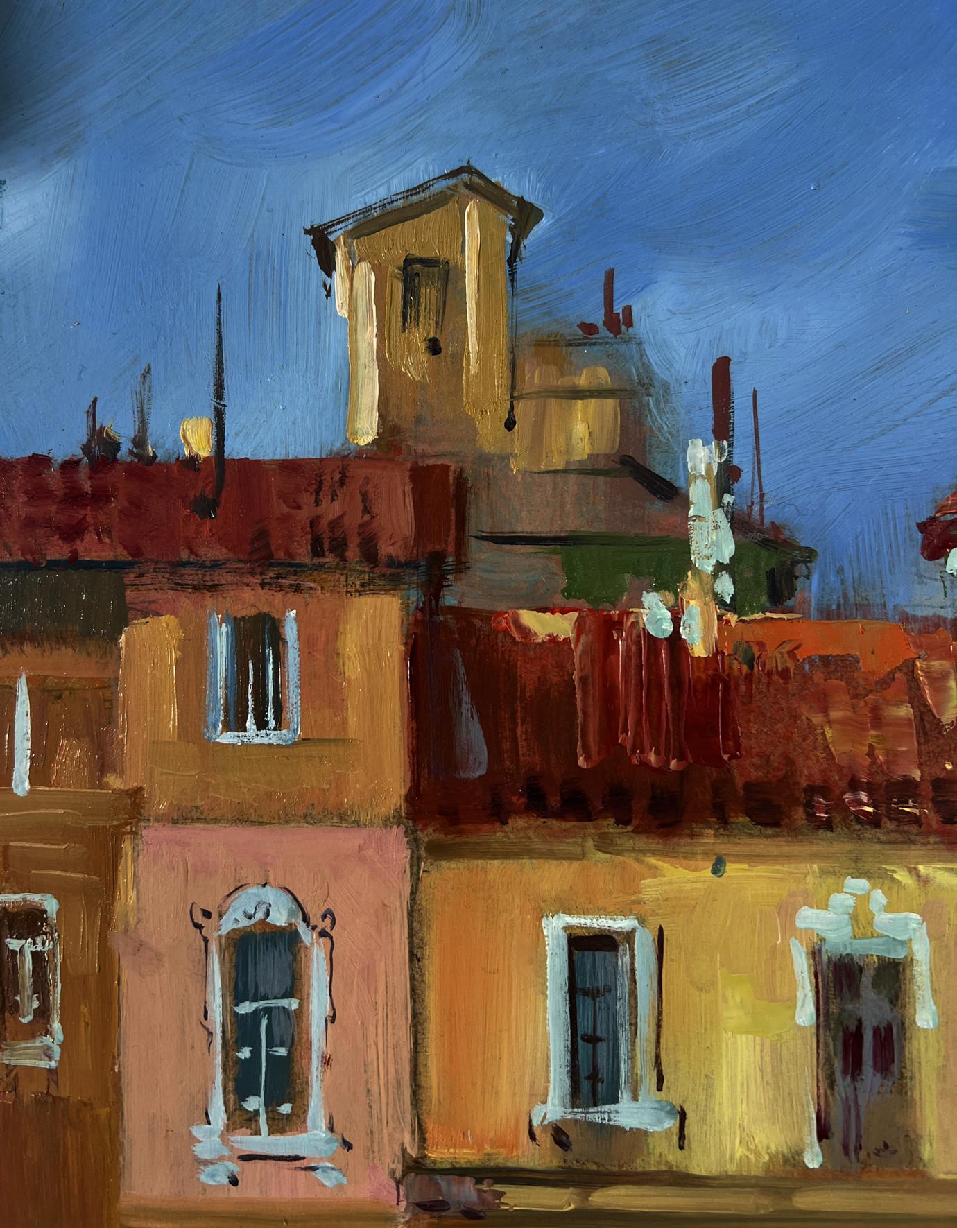 Vibrant impressionist oil painting of European town with boats by Yuriy Suprunchuk