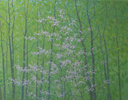 Oil painting April nature by Valery Savenets: green trees with pink blossoms