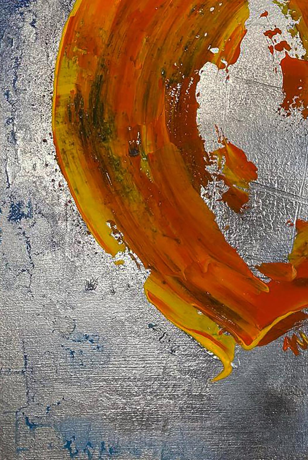 Vibrant orange and yellow paint strokes on textured silver canvas by Olga Melezhik