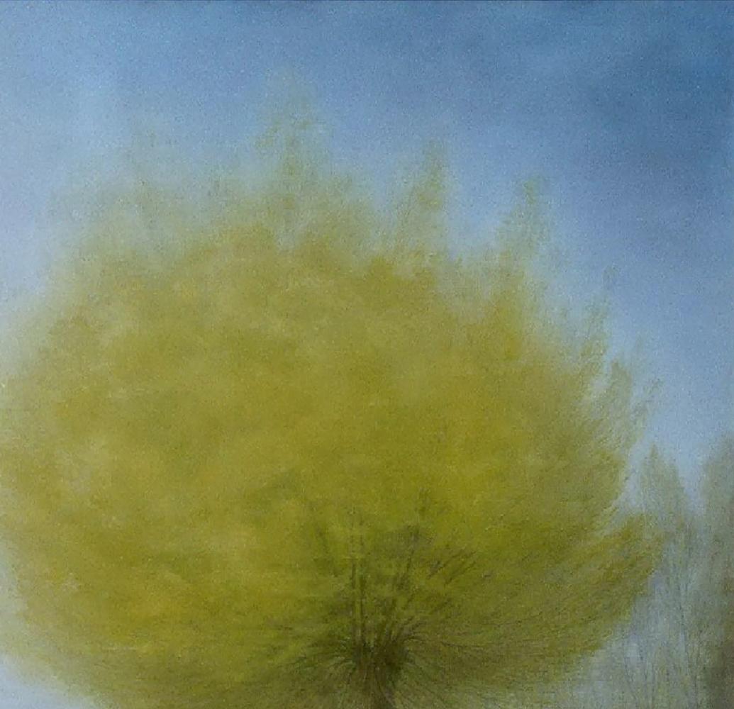 Oil painting of quiet river bank with yellow tree by Vasily Korkishko