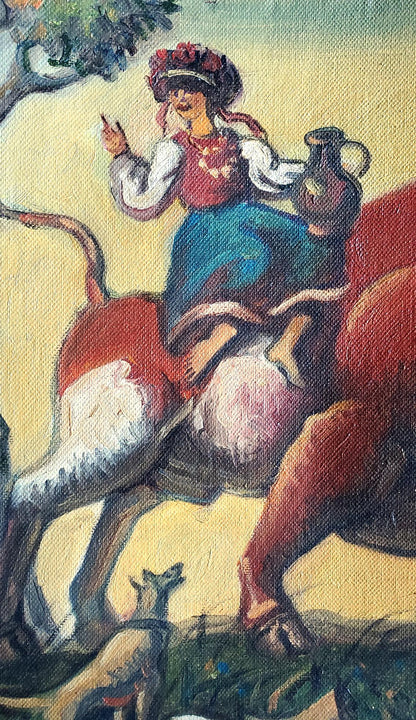 Oil painting To the Fair by Daniil Litvinov: woman on reddish-brown horse with jug