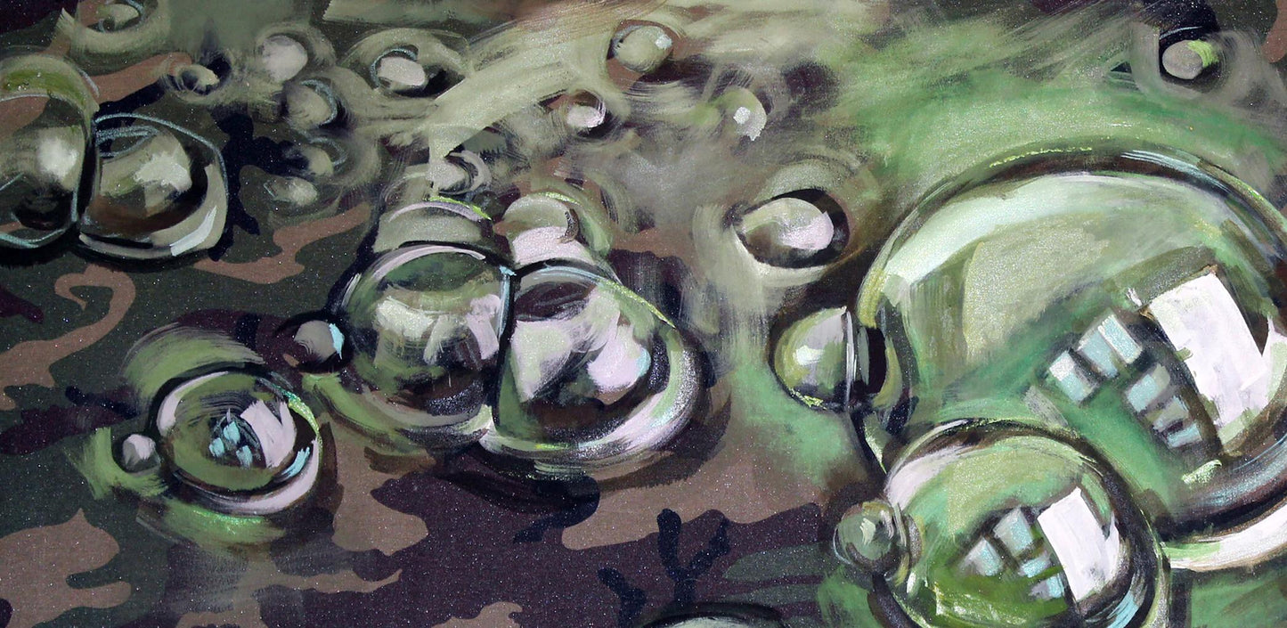 Oil painting Bubbles Ed Potapenkov: shiny metallic spheres on camouflage surface