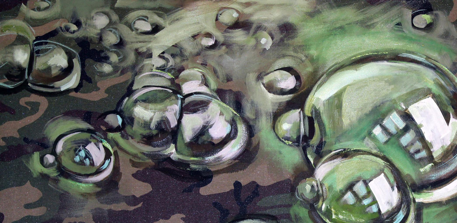 Oil painting Bubbles Ed Potapenkov: shiny metallic spheres on camouflage surface