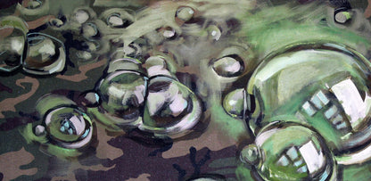 Oil painting Bubbles Ed Potapenkov: shiny metallic spheres on camouflage surface