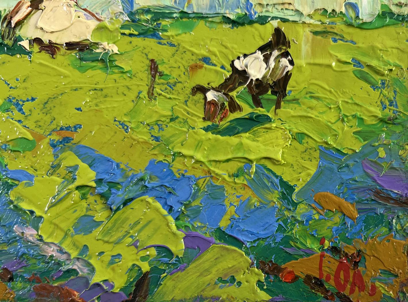 Oil painting Silence filled with warmth by Oleksiy Ivanyuk: black and white cow with red nose in impressionistic field