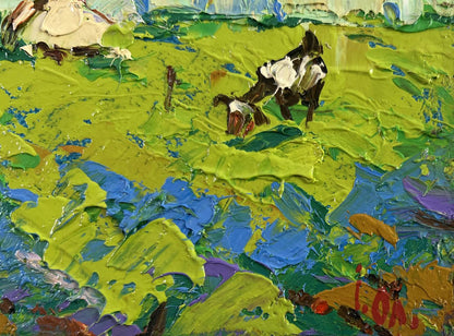 Oil painting Silence filled with warmth by Oleksiy Ivanyuk: black and white cow with red nose in impressionistic field