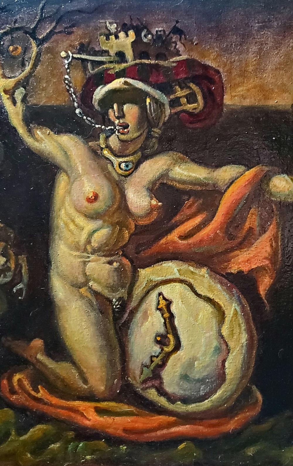 Surreal oil painting Time of Vice by Daniil Litvinov: nude muscular woman with helmet holding broken clock