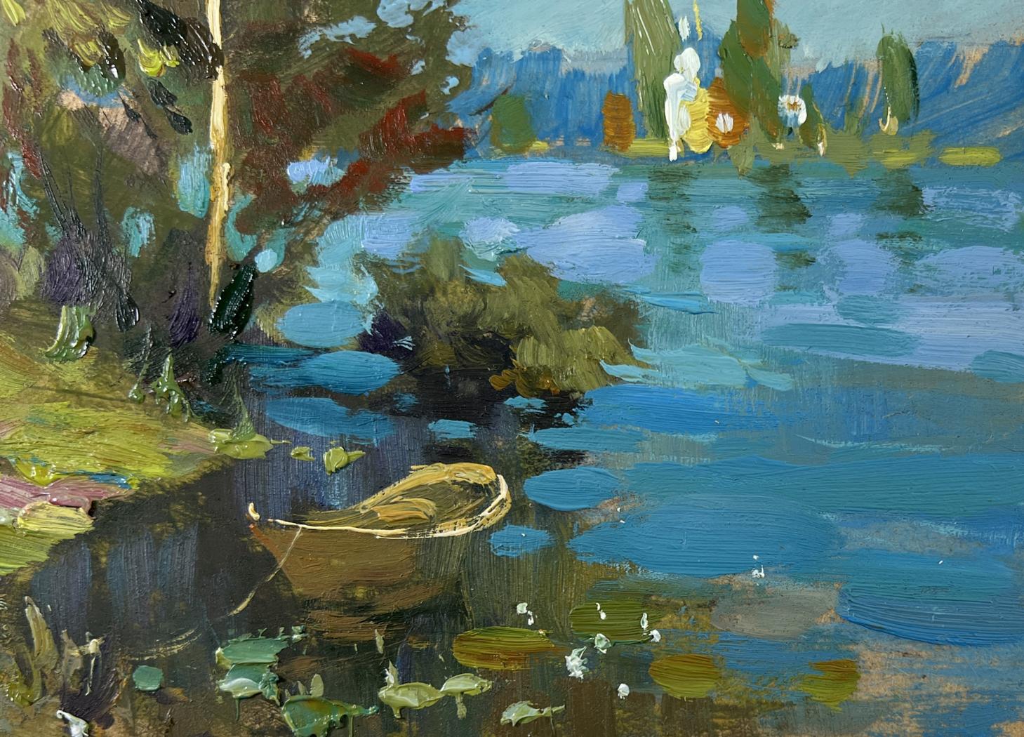 Oil painting of rustic rowboat on serene lake by Yuriy Suprunchuk