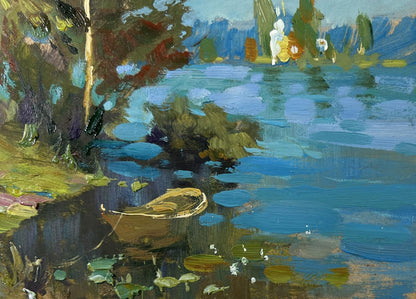 Oil painting of rustic rowboat on serene lake by Yuriy Suprunchuk