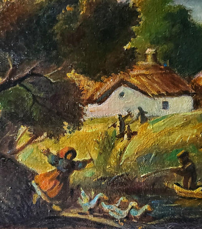 Oil painting Before the Storm by Daniil Litvinov: rustic white cottage with thatched roof in green trees and golden fields