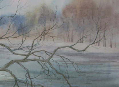 Watercolor painting Awakening of Nature by Valery Savenets, misty snow landscape