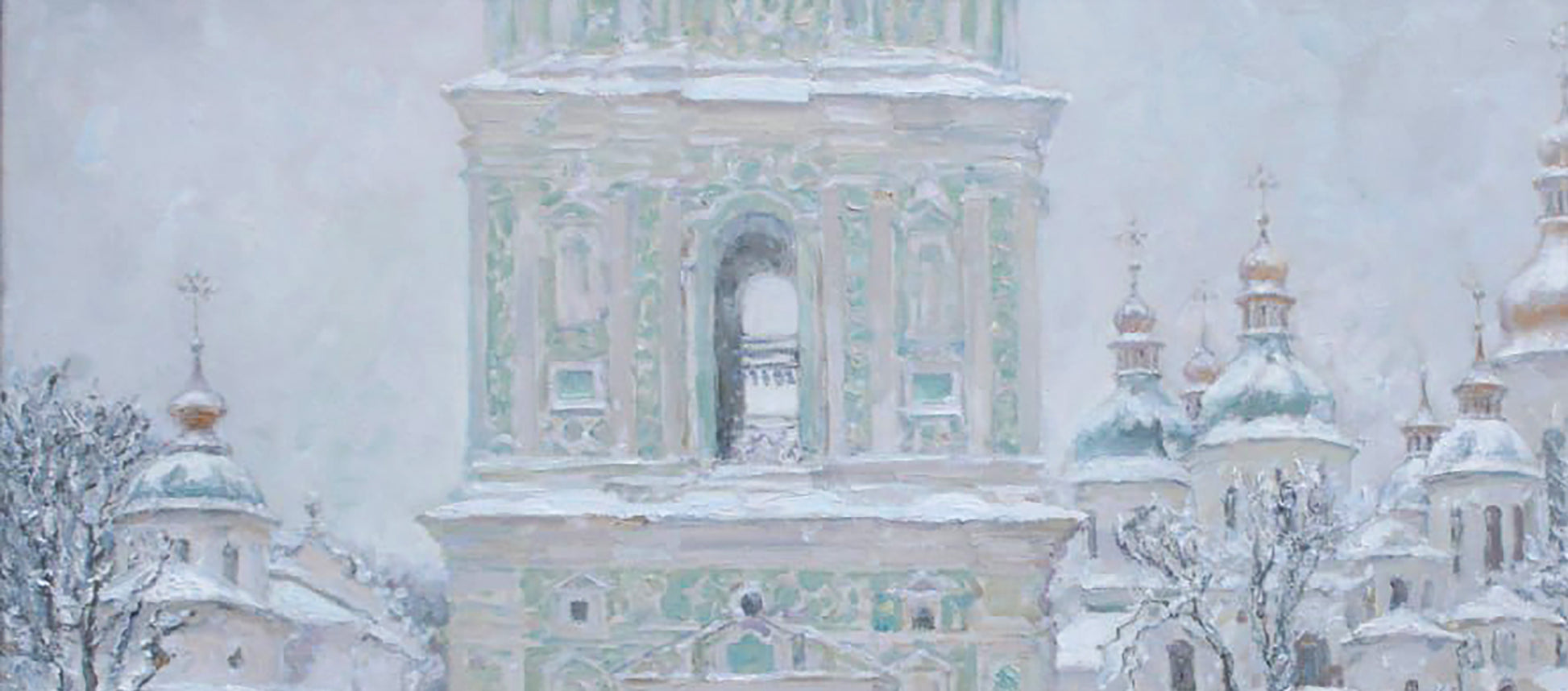 Oil painting of snow-covered ornate church by Leonid Pavlenko