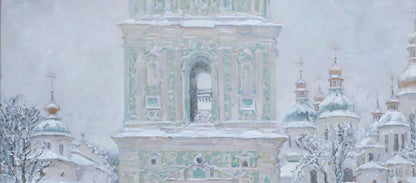 Oil painting of snow-covered ornate church by Leonid Pavlenko