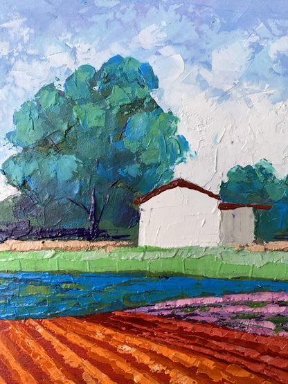Oil painting House among the Trees by V. Zadorozhnya: white cottage with red roof