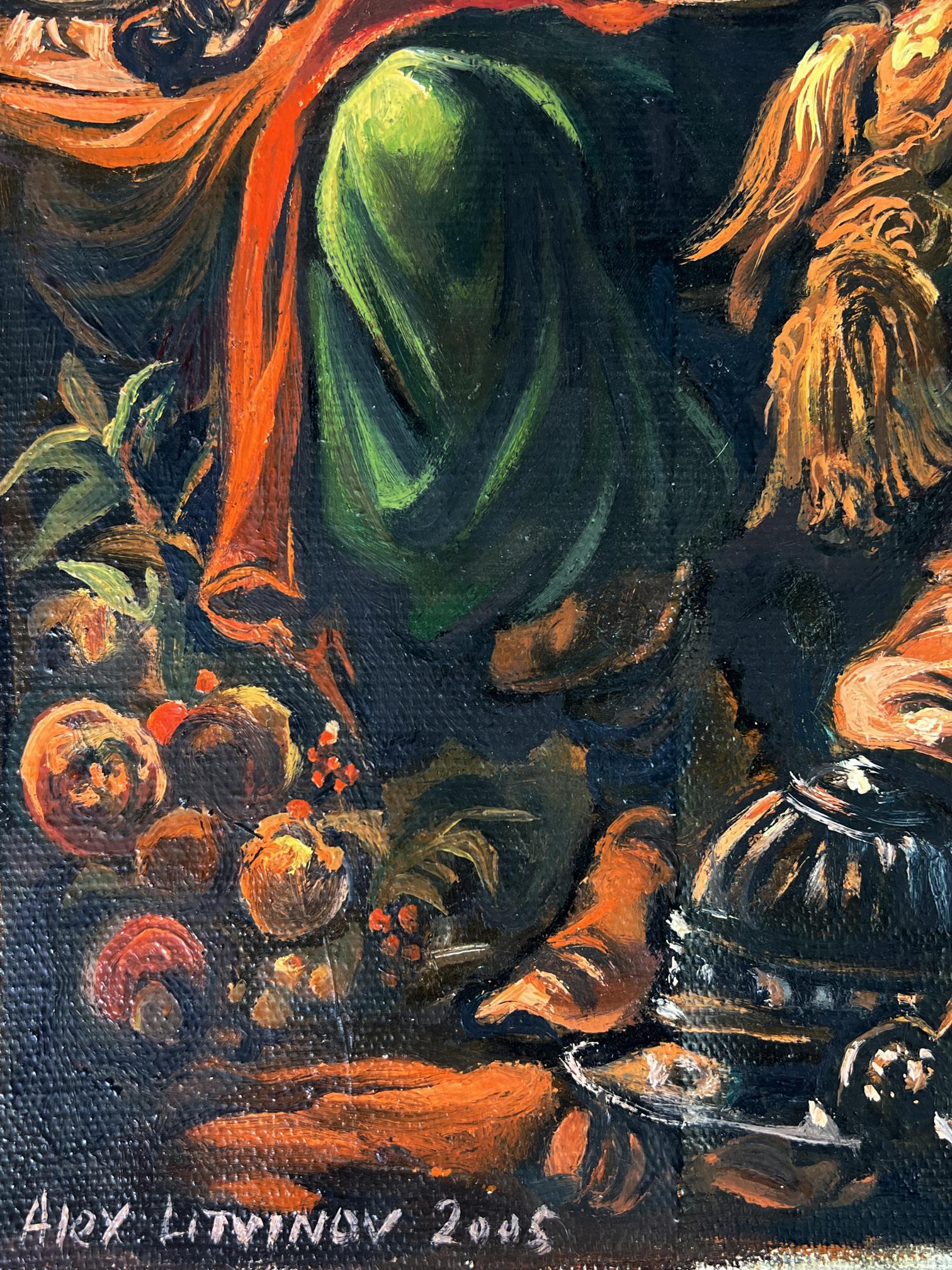 Oil painting of musician and hunter by Alexander Litvinov, vibrant green fabric