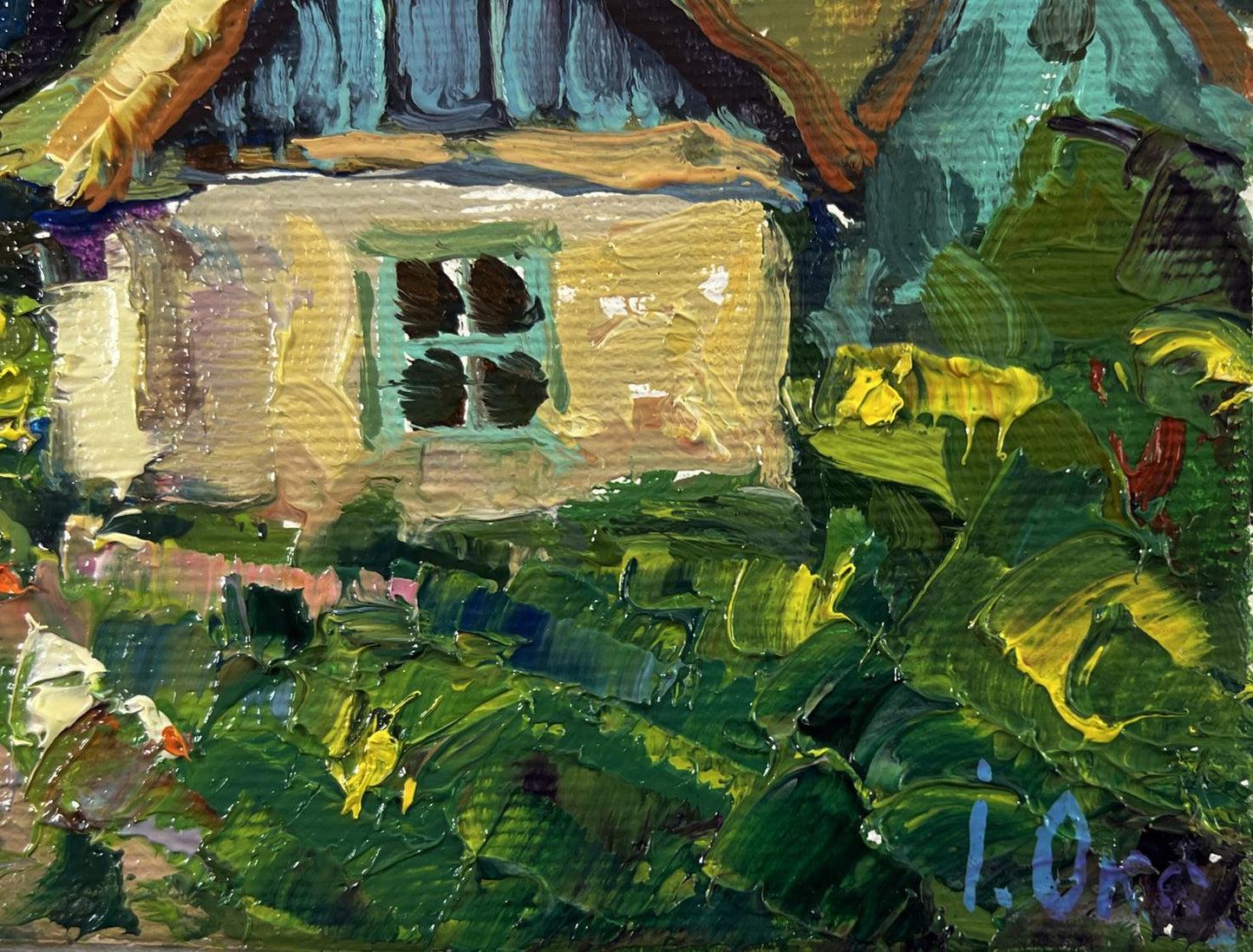 Oil painting by Oksana Ivanyuk: textured cottage with thatched roof in greens