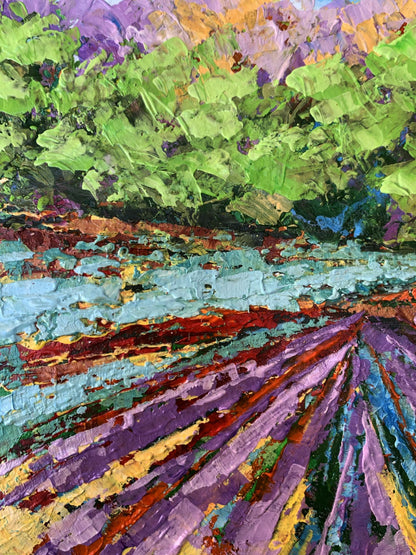 Vibrant impressionist oil painting of sunny lavender field near forest by V. Zadorozhnya