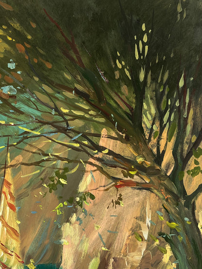 Textured oil painting of tree by Yuriy Suprunchuk, dark branches and dappled leaves