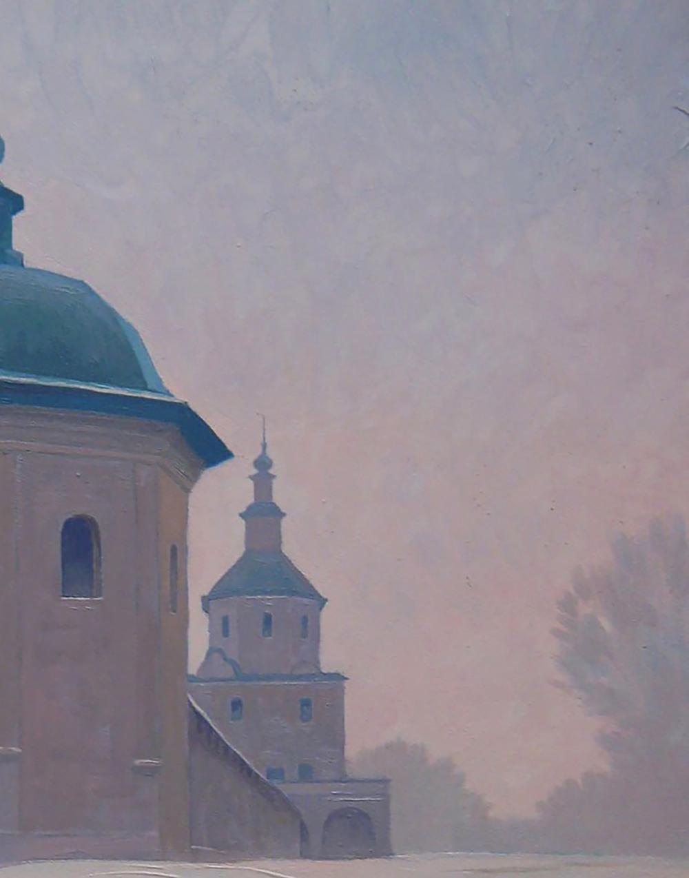 Oil painting Winter Church Valery Savenets soft-focus stone church teal dome