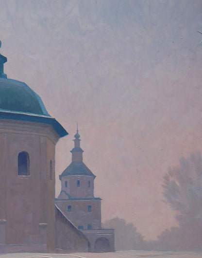 Oil painting Winter Church Valery Savenets soft-focus stone church teal dome
