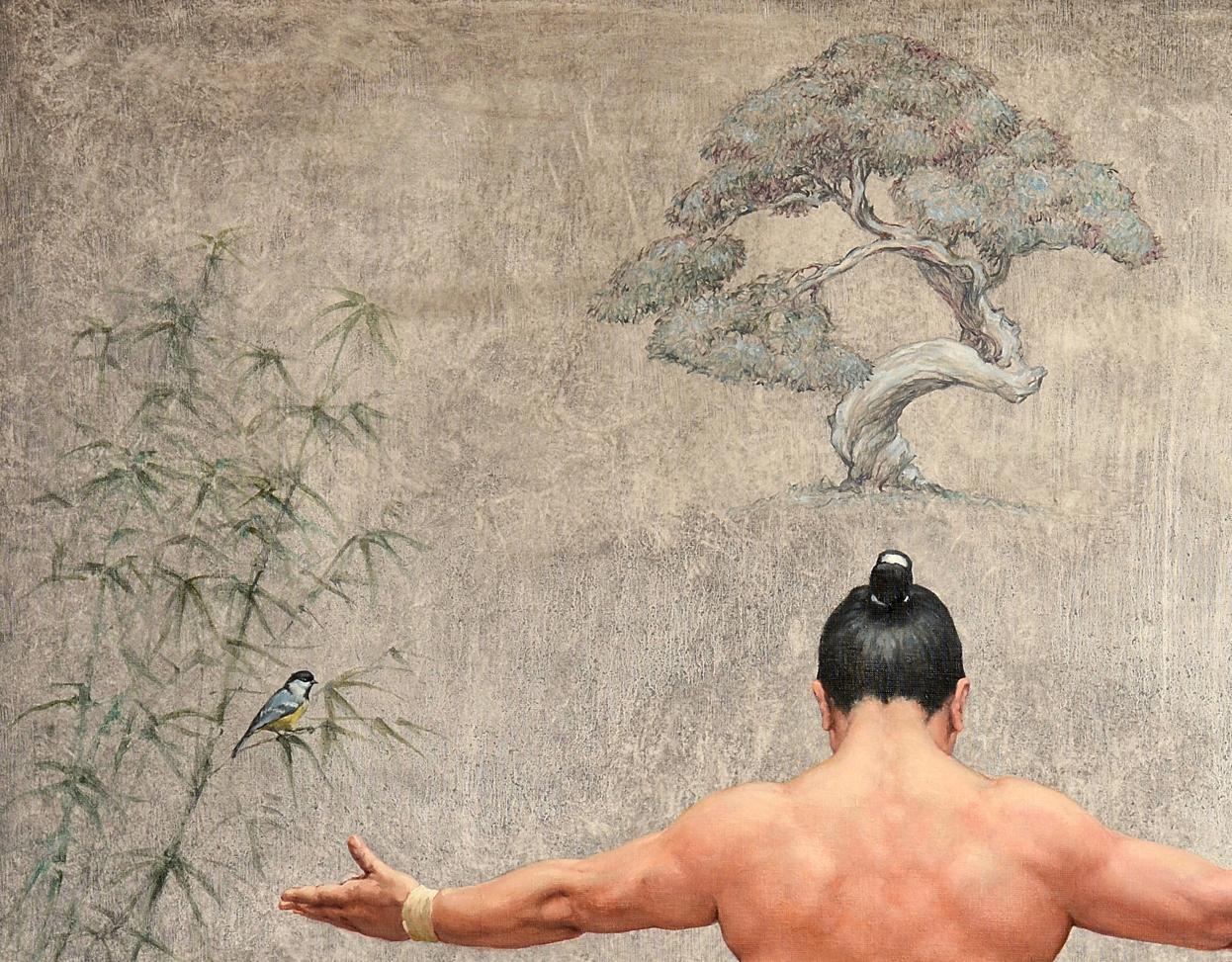 Muscular man with topknot reaches for Oleg Kateryniuk crane bird oil painting