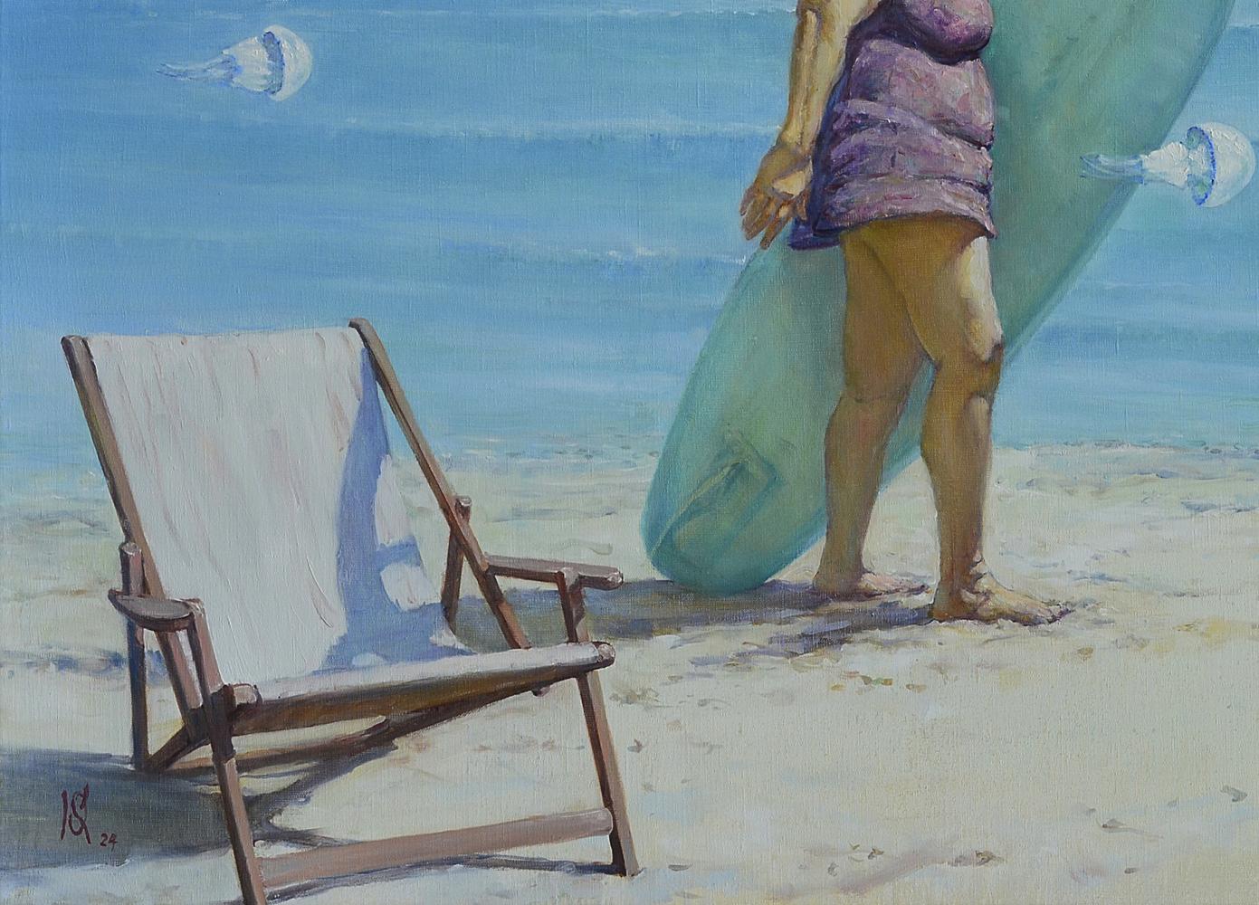 Oil painting of wooden beach chair on cold seashore by Oleg Kateryniuk