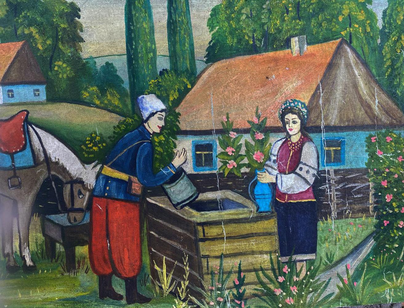 Oil painting of girl and guy by rustic wooden well, unknown artist