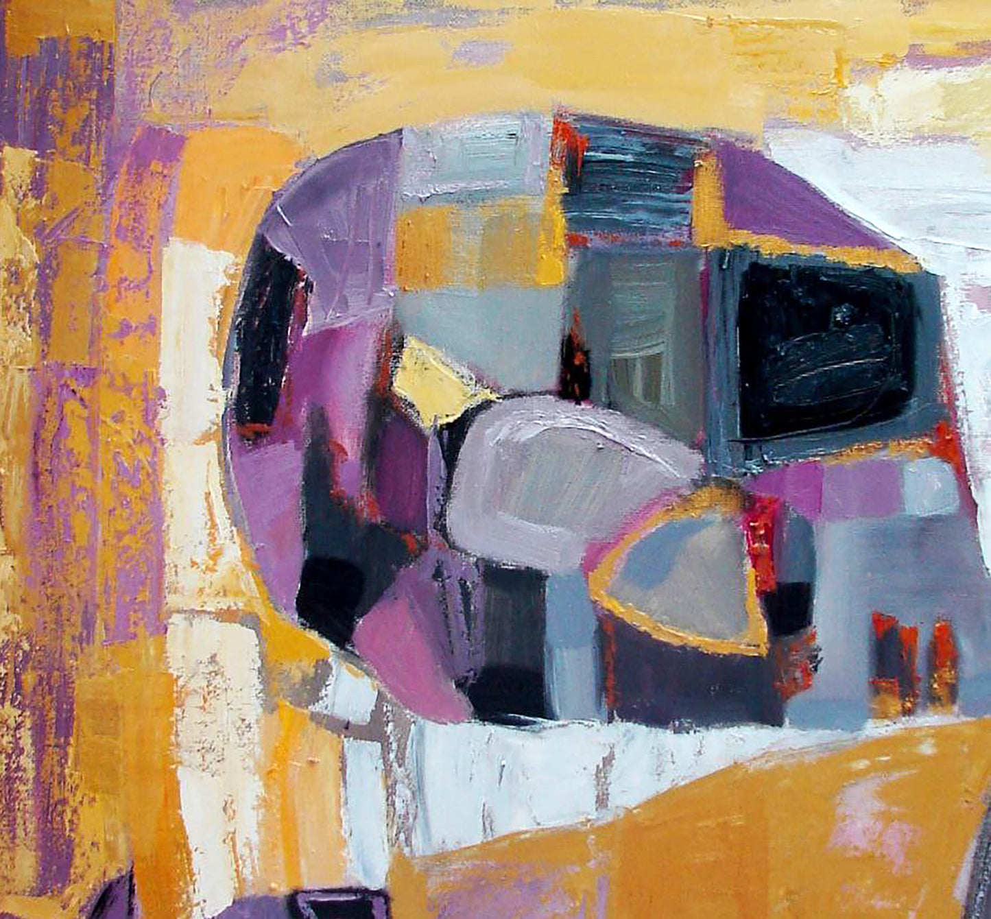Oil painting Lilac geometry by Tatyana Shulyak with yellow purple gray strokes