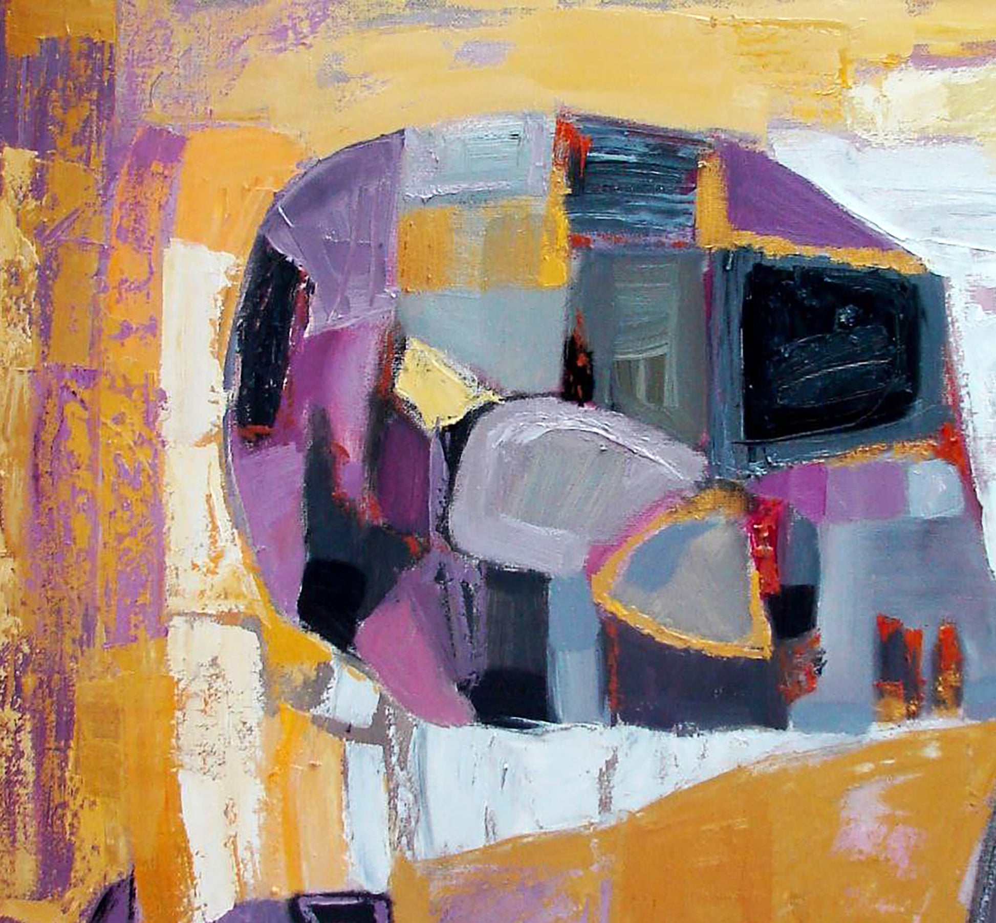 Oil painting Lilac geometry by Tatyana Shulyak with yellow purple gray strokes