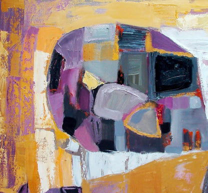 Oil painting Lilac geometry by Tatyana Shulyak with yellow purple gray strokes