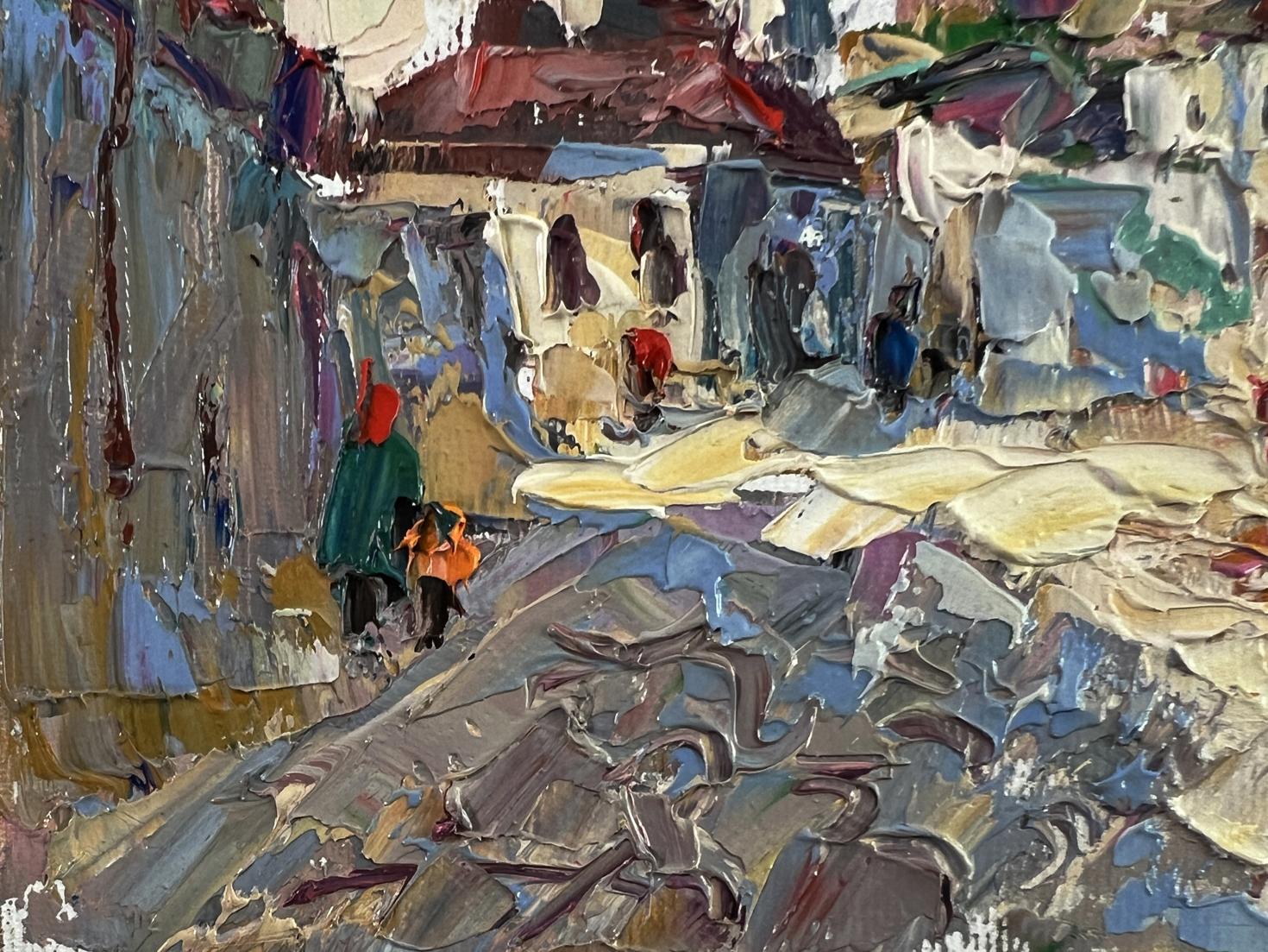 Oil painting Morning city by Oleksiy Ivanyuk, textured impasto street scene