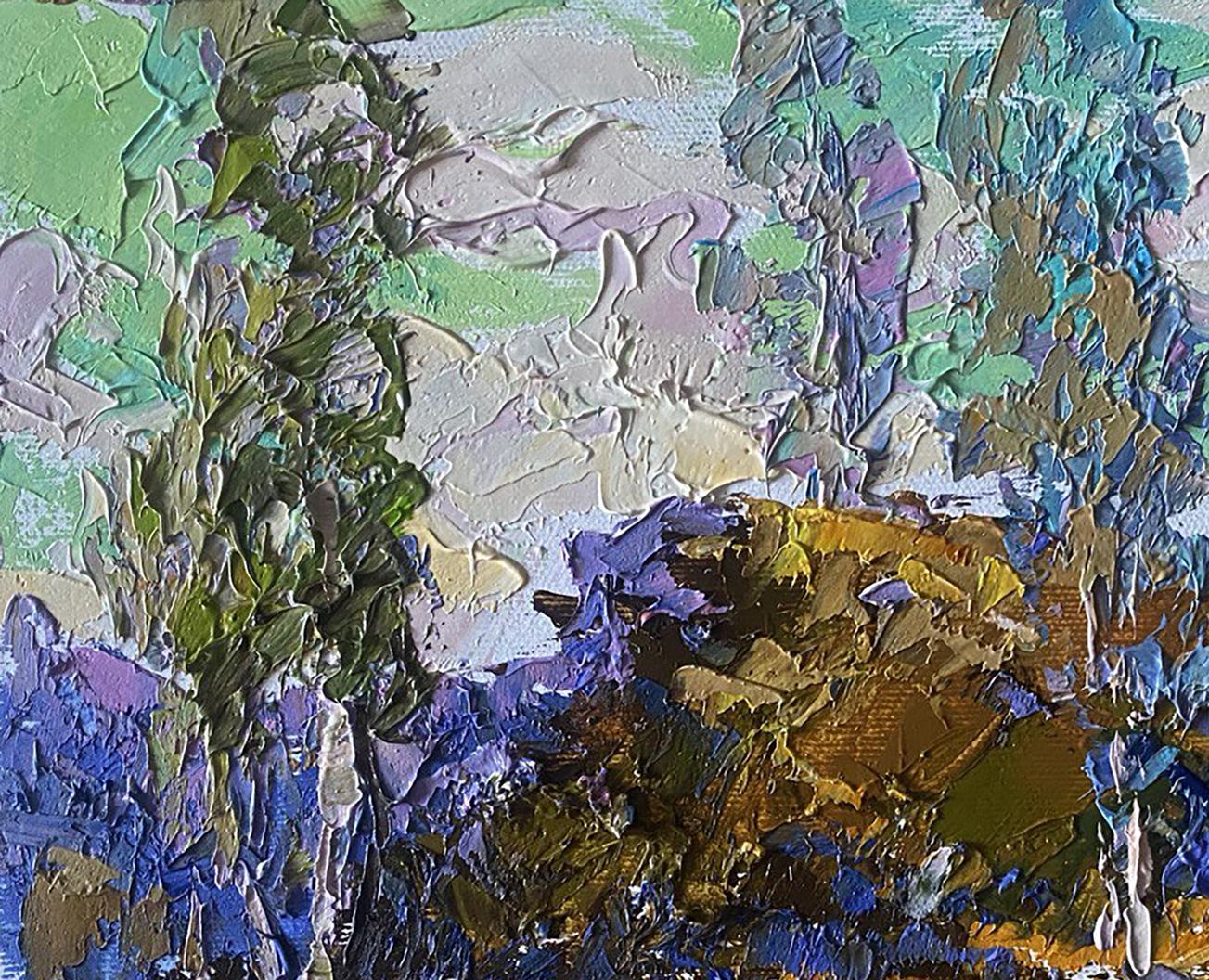 Oil painting Between the Trees by Oleksiy Ivanyuk, textured abstract greens