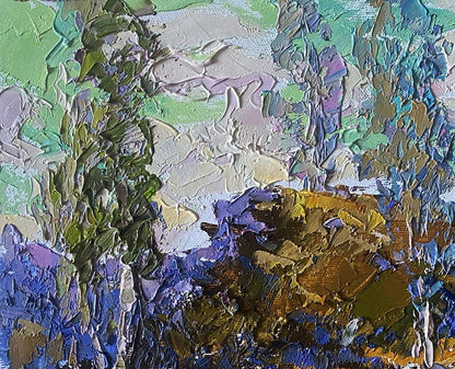 Oil painting Between the Trees by Oleksiy Ivanyuk, textured abstract greens