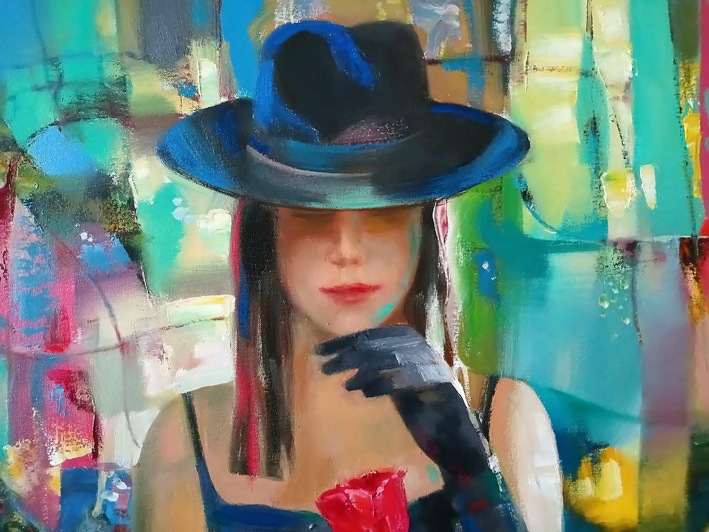Stylish black fedora with wide brim in Evening Blues Anatoly Tarabanov painting