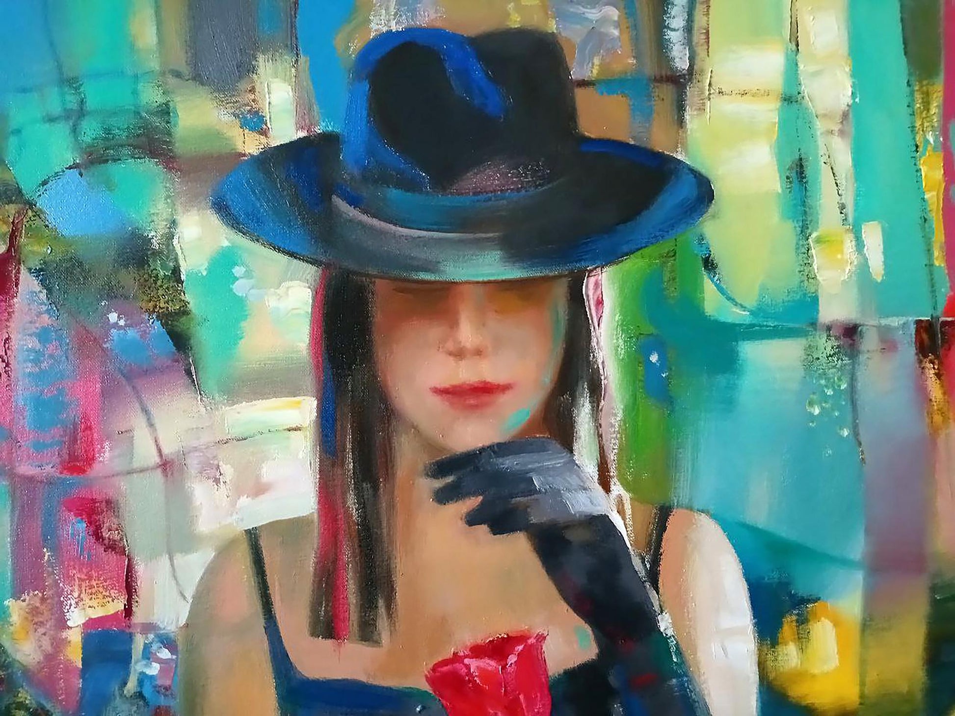 Stylish black fedora with wide brim in Evening Blues Anatoly Tarabanov painting