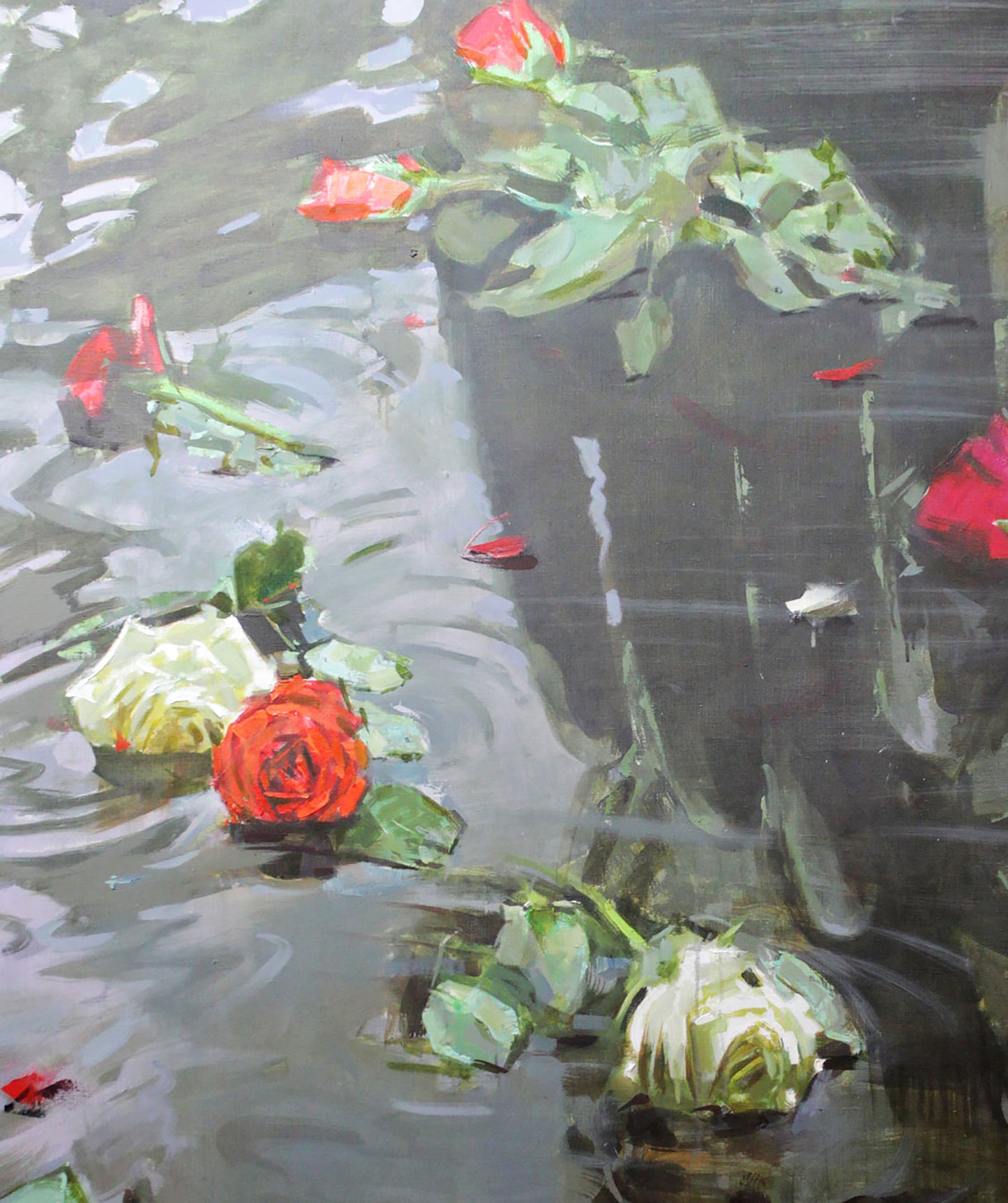 Vibrant red rose floating in murky water, oil painting by Budha Ed Potapenkov