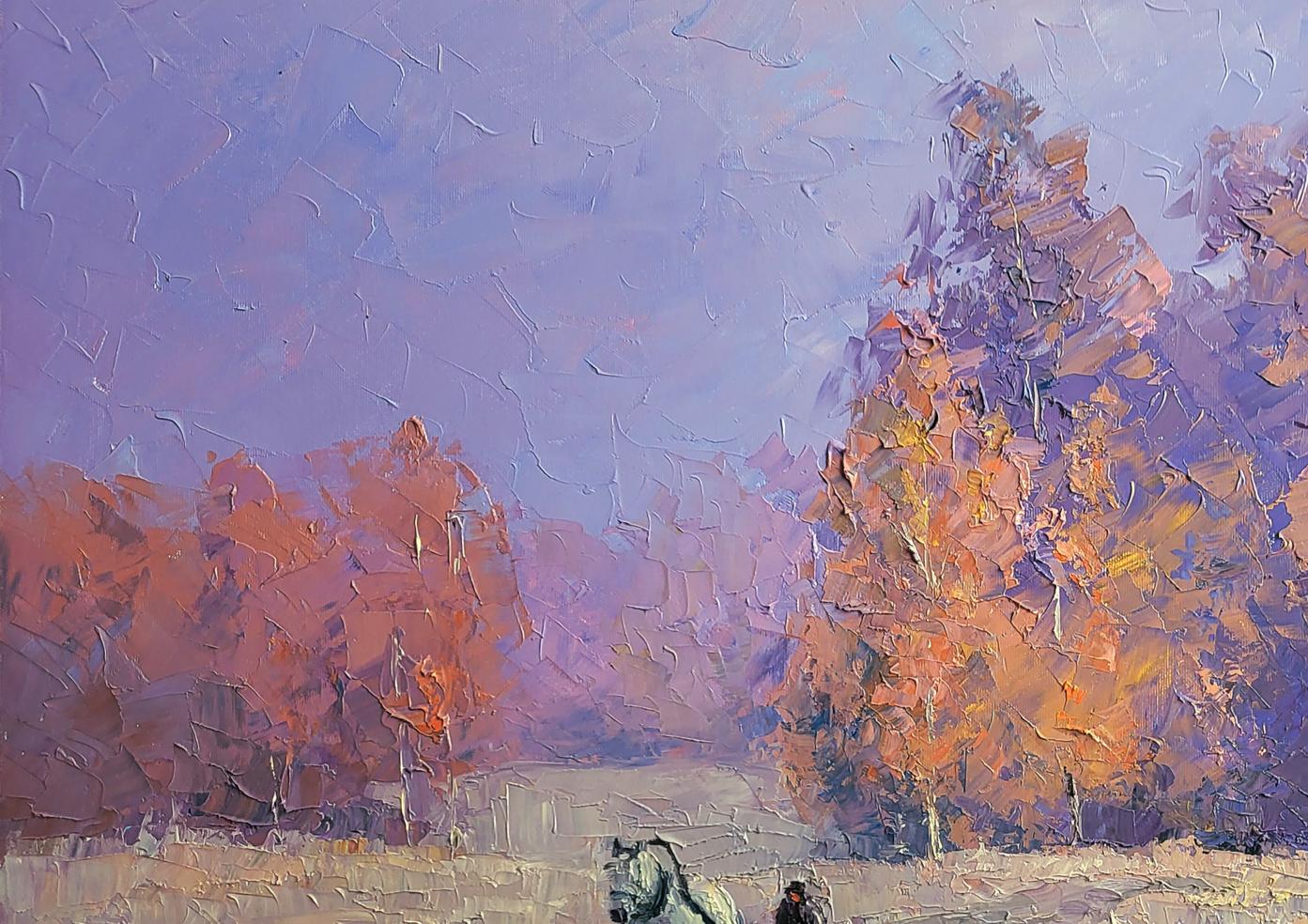Oil painting Cold morning by Boris Serdyuk, autumn landscape in oranges and purples