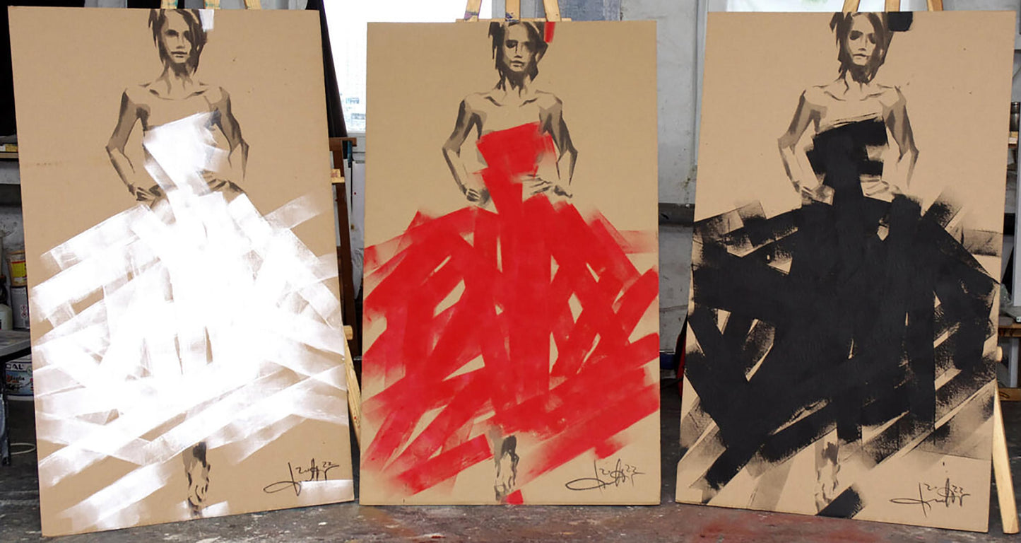 Three abstract bride gowns by Dima Filatov, white red black on beige canvas