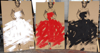 Three abstract bride gowns by Dima Filatov, white red black on beige canvas