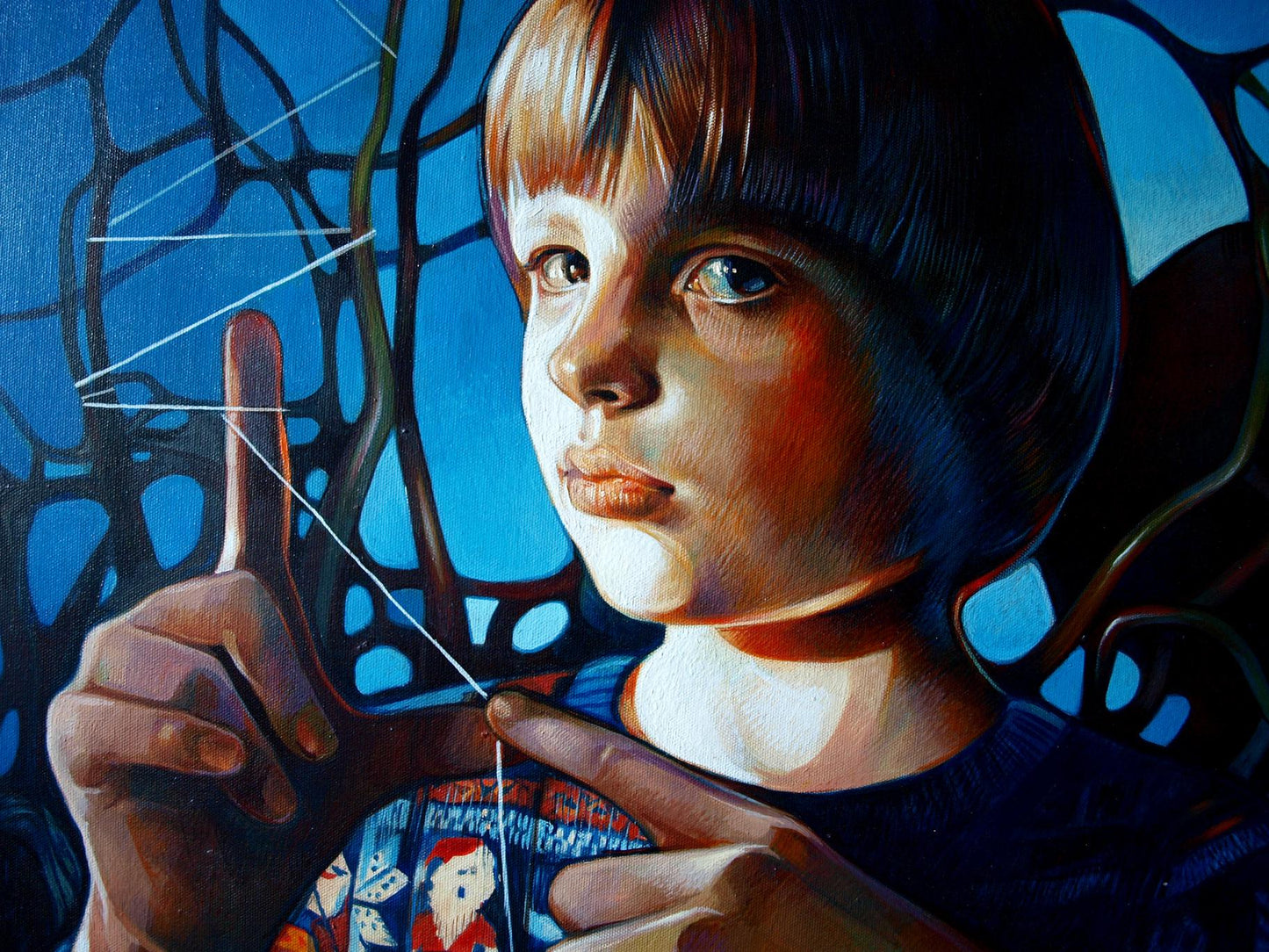 Oil painting Start of questions by Konsta G. Amelinn: boy with blue eyes holding string
