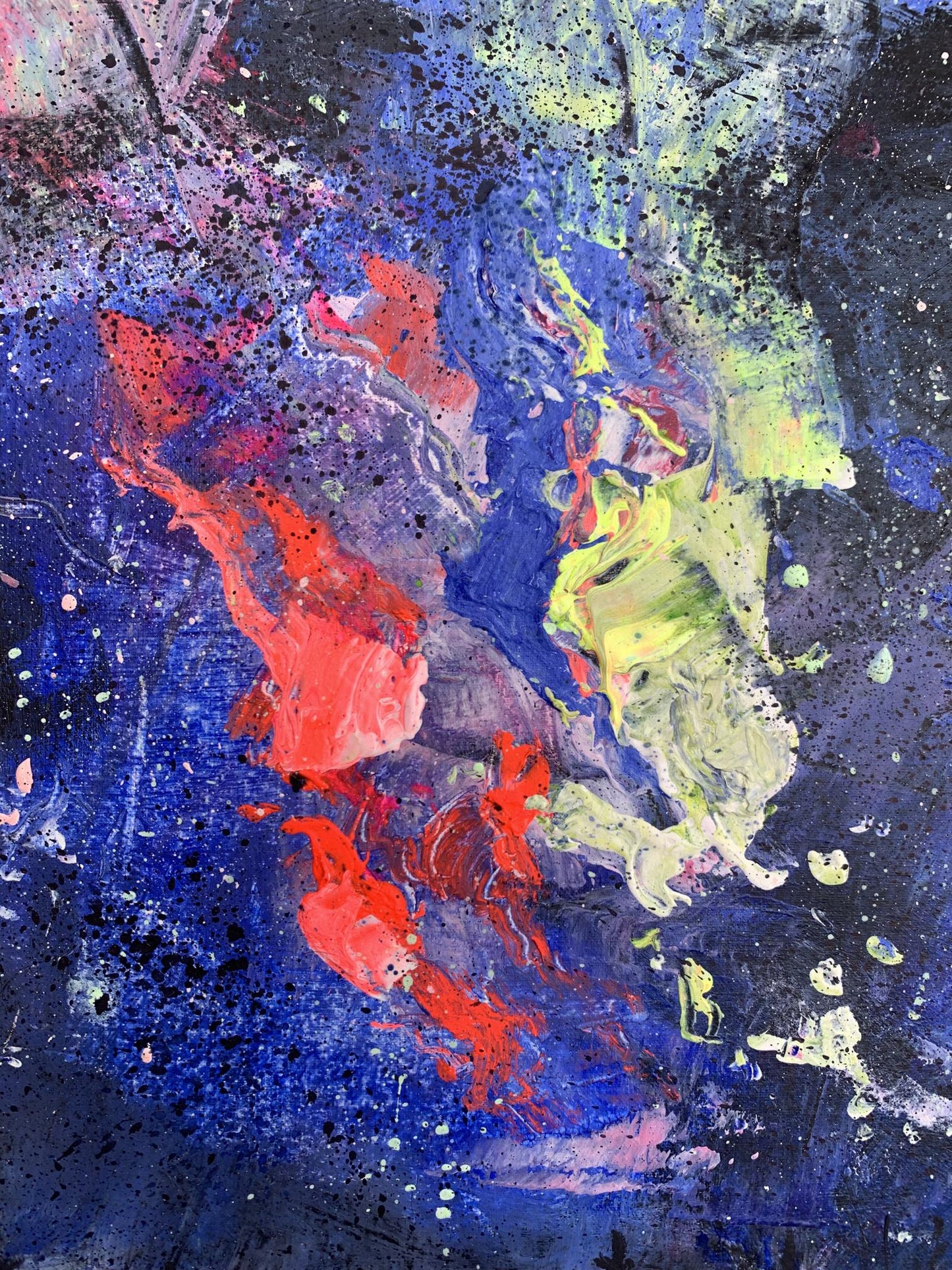 Vibrant Love Night oil painting by Tatyana Derdey with bold red, yellow, blue splashes on dark background