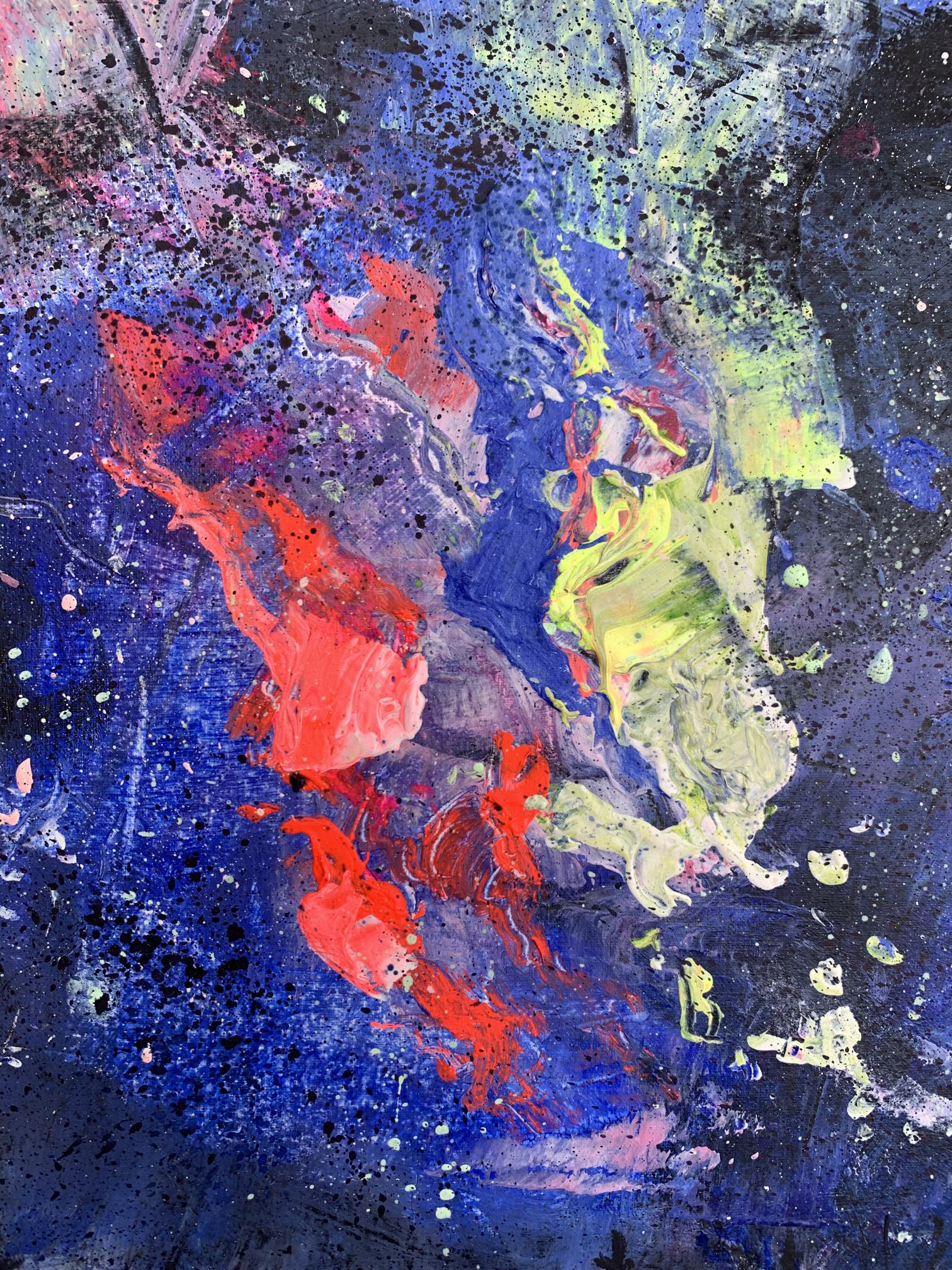 Vibrant Love Night oil painting by Tatyana Derdey with bold red, yellow, blue splashes on dark background