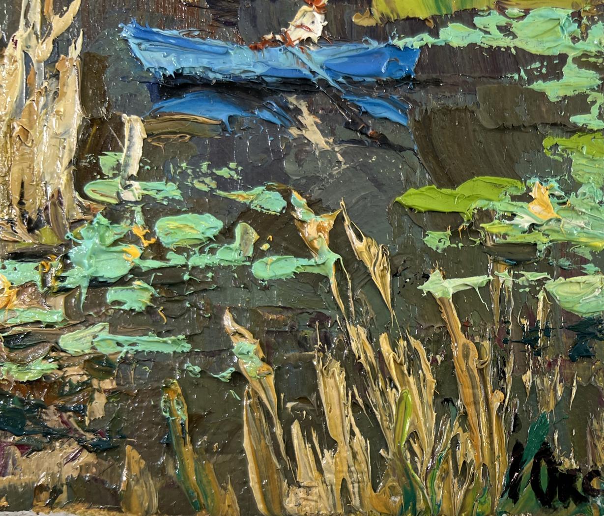 Oil painting Where Water Sleeps by Oksana Ivanyuk: blue rowboat amid lily pads
