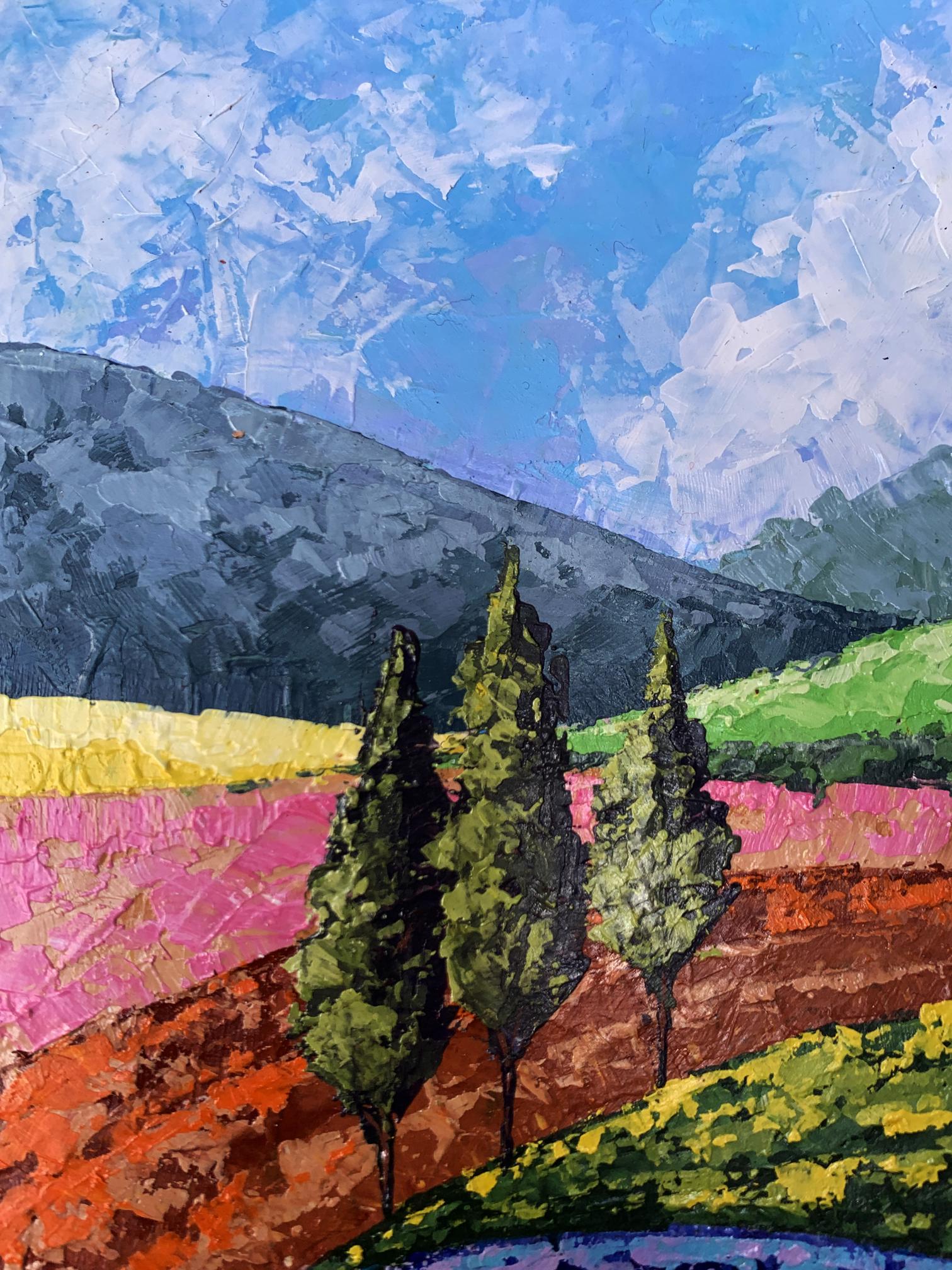 Vibrant impressionist oil painting Mountain Glade by V. Zadorozhnya with cypress trees